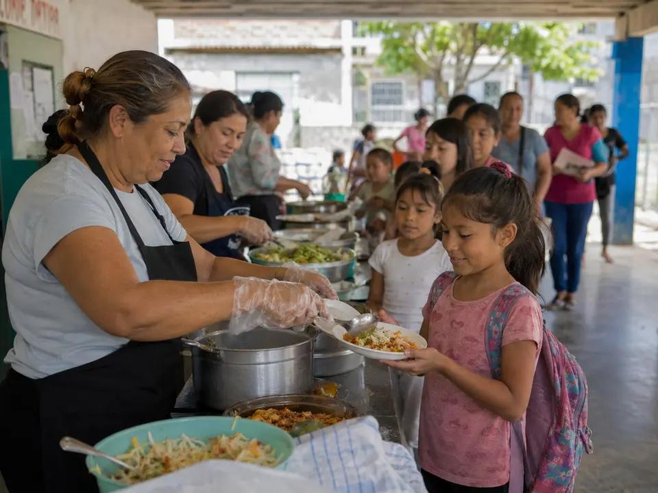 Comunidad recibiendo alimentos en un comedor social