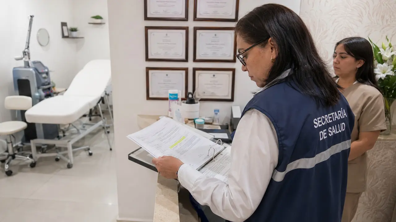 Inspectora de salud revisando documentaci&oacute;n dentro de un centro est&eacute;tico