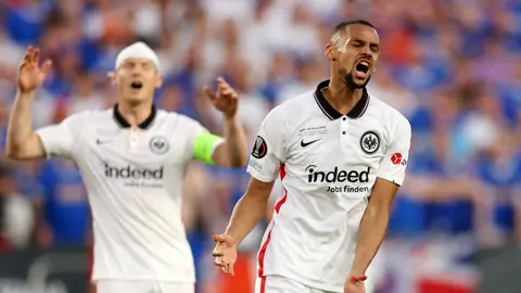 SEVILLE, SPAIN - MAY 18: Djibril Sow of Eintracht Frankfurt reacts after a missed chance during the UEFA Europa League final match between Eintracht Frankfurt and Rangers FC at Estadio Ramon Sanchez Pizjuan on May 18, 2022 in Seville, Spain. (Photo by Alex Pantling/Getty Images)